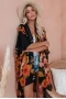 Black Kimono Sleeve Orange Floral Printed Open Front Cover Up Dress
